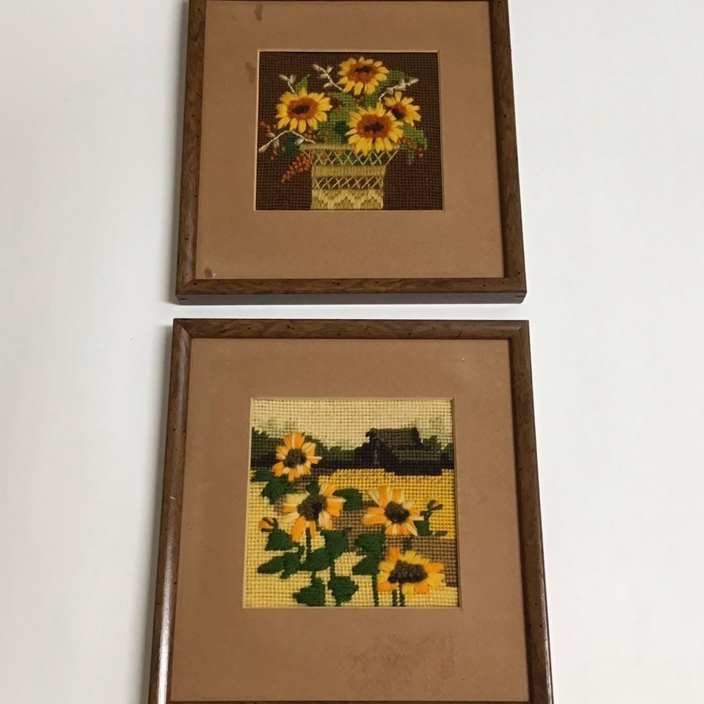 Sunflowers Needlepoint PAIR Wool Crewel Work 1979 Framed Art Farmhouse Landscape - Picture 14 of 14